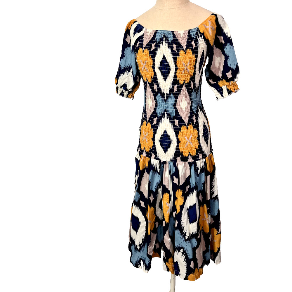 Midnight Velvet Dress Women M Blue Geometric Summer Vacation Cruise Smocked Midi